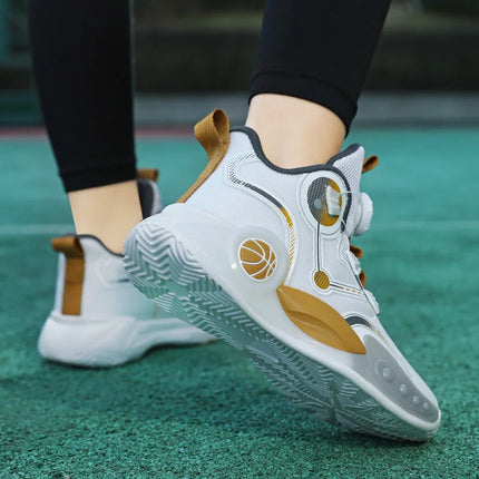 Children Basketball Shoes Boys Sports Comfortable Non Slip Flat Fitness Shoes 2025 New Rotating Button Sports Sneakers for Kids