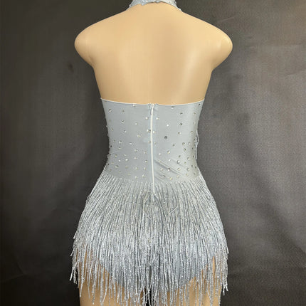 Sparkly Rhinestones Fringe Bodysuit WomenVightclub Party Dance Costume Stage Wear SexyTassel Leotard Performance Clothing G7