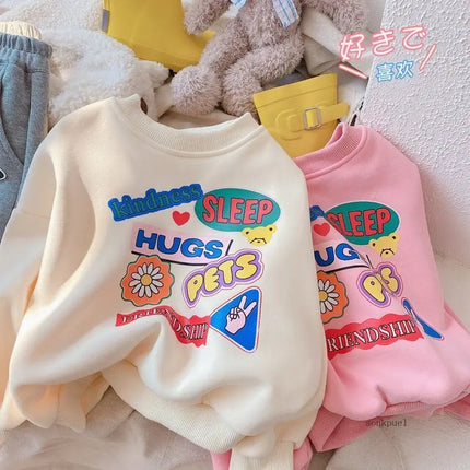 2025 Children's Clothing Autumn Winter Baby Girls Fleece Hoodie New Kids Letter Print Warm Pullover Sweatshirt Tops