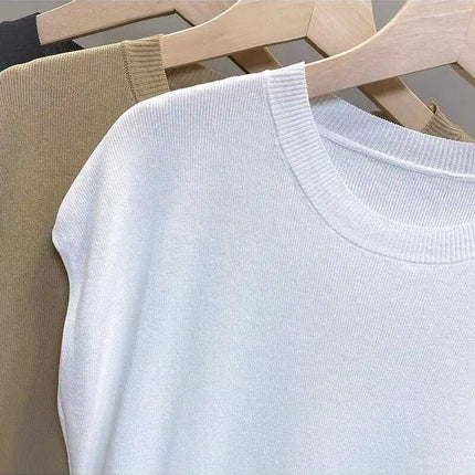 Ice Silk Knitted Top Women's Summer Thin Shoulder Drop Round Neck Short Sleeve T-shirt Pure Color Commute Style Outerwear