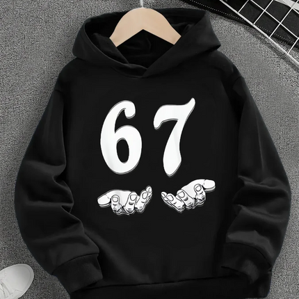Spring And Autumn Single Casual Fashion Christmas #67 Boys Black Hoodie, Six Seven, Hand Support 67 Cartoon Print Pattern