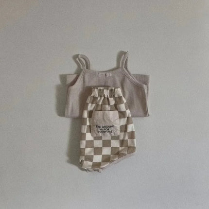 Korean Style Ins Fashion Kids Tank Top & Checkered Shorts Set Boys Girls Summer Lightweight Cotton Clothing New 2025‌