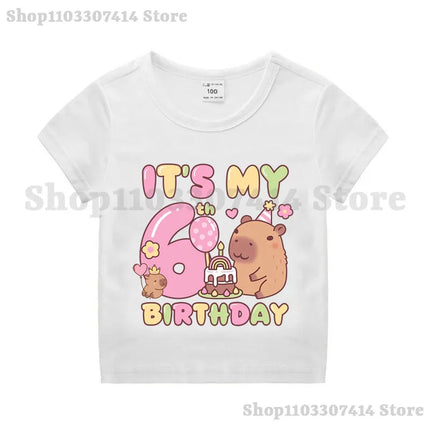 Capybara Girl Anime Cotton T-shirt Kids Cartoon Cute Top Number 1-10 Pattern Print Tee Summer Birthday Party Clothing Gifts 2025