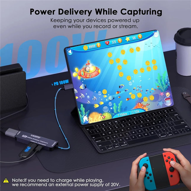 Navceker USB 3.0 Video Capture Card With 100W PD For Meta Quest 3 iPad HDMI to USB/Type-c Gaming Live Streaming Video Recorder
