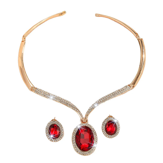 Luxury Red Crystal Necklace Earrings Jewelry Set for Women