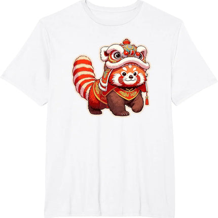 Chinese New Year Red Panda Lion Dance Cartoon Print Lunar New Year 2025 T-Shirt Kawaii Graphic Casual Women Clothing