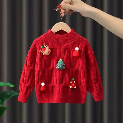 Hat Deer Christmas 3D Pullover Sweater Autumn and Winter Knitted New Year Christmas Girls Clothes Korean Version