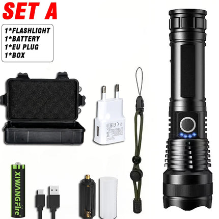High Power LED Flashlight USB Rechargeable 5 Mode Aluminum Alloy Telescopic Zoom Torch Tactical Lamp for Outdoor Camping Fishing