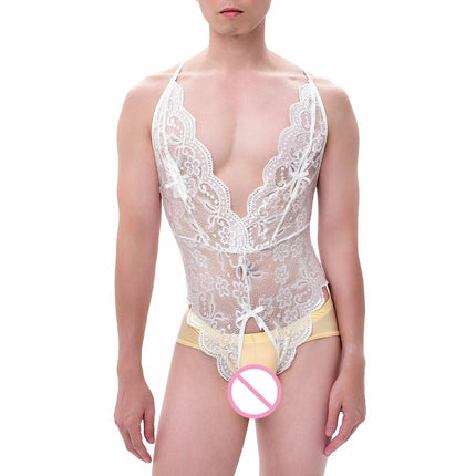 Men Bodysuit One Pieces Thongs Sexy Leotard Lace Crossdress Sissy Transparent Open Crotch Penis Pouch Lingerie Underwear