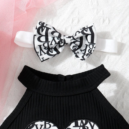 Newborn Summer Cute Casual Lmitation Brand Printed Neck Strap Sleeveless Top And Double Lace Bow Triangle Pants Set