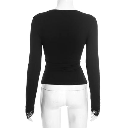 Sexy Lace Trim Long Sleeve T-shirt Solid V Neck Slim Fit Crop Top Fashion Splice Hottie Club Party Top Autumn New Lady Pullover