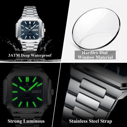 POEDAGAR Business Men's Watch Waterproof Luminous Date Week Classic Watches For Men Stainless Steel Men's Quartz Wristwatch Reloj