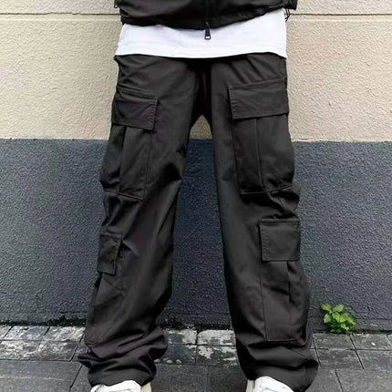 Men's Spring and Autumn Multi-Pocket Cargo Pants with Elastic Waistband and Drawstring Adjustment, Solid Color Multi-Pocket Long Pants Suitable for Outdoor Sports and Leisure