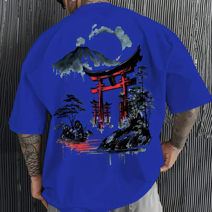 Japanese Ukiyoe Torii Gate&Fuji Mountain Print 100%Cotton Men Woment T-shirt SummerAutumn Daily Sports Casual Loose Short-sleeve