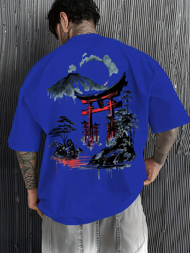 Japanese Ukiyoe Torii Gate&Fuji Mountain Print 100%Cotton Men Woment T-shirt SummerAutumn Daily Sports Casual Loose Short-sleeve