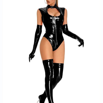 Sexy Hollow Out Women PU Faux Leather Lingerie Bodysuits Latex PVC Catsuit Fetish Lingerie Ladies Erotic Open Crotch Clubwear