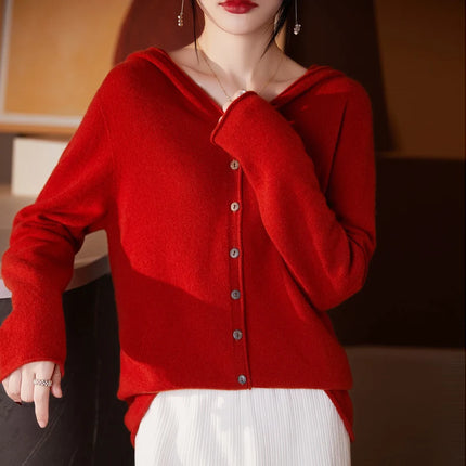 Women's Seamless Wool Hooded Cardigan Women's Autumn And Winter Loose Relaxed Long Sleeve Cashmere Knitted Large Top