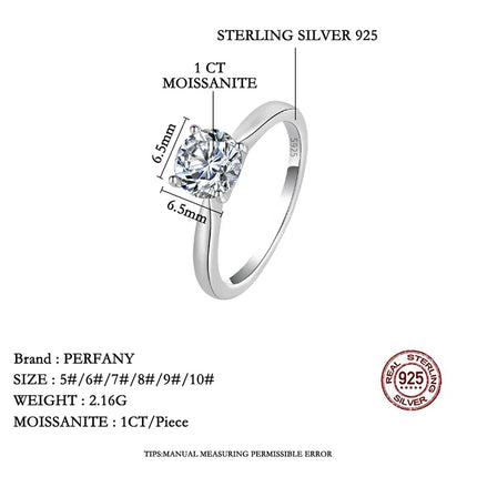 PERFANY 0.5/1/2CT Moissanite Women's Engagement Ring S925 Pure Silver Classic Four Claw GRA Certified Diamond Wedding Jewelry