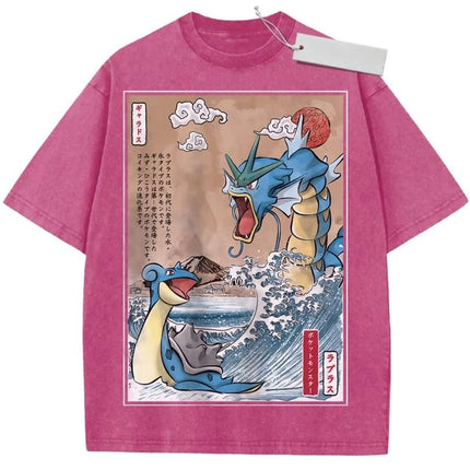 T Shirt Sports T Shirt Short Sleeve T Shirt Multi Color Unisex Pure Cotton Washed Retro Pokemon Gyarados and Lapras Print