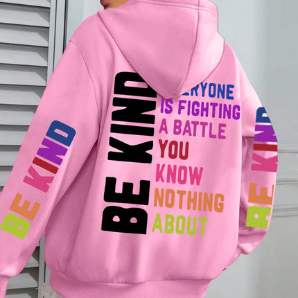 Be Kind Hoodies Women Letter Prints Winter Fleece Warm Hooded Street Pocket Loose Sweatshirts Casual All-match Woman Clothes