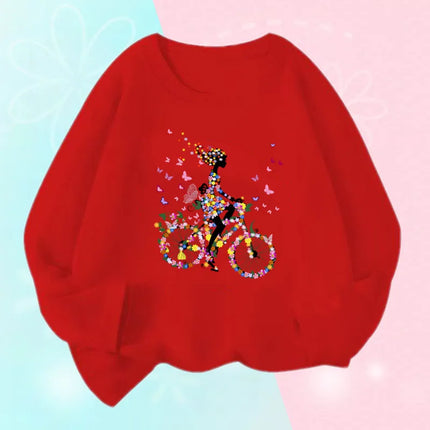 Kids T Shirt Floral Girl with Heart Bicycle Print Tops Girls Casual Cute Graphic Tee Shirt Long Sleeve Cartoon T-shirts