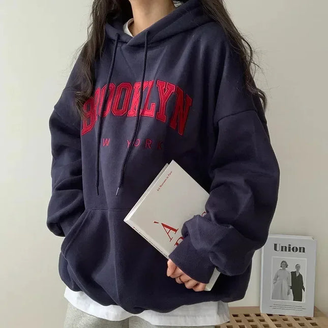 American Style printed Letter Hooded Sweatshirt Women's Loose Fit Thickened Fleece Lined Cross-border Clothing