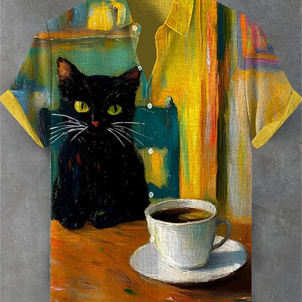 Men's blue and white color-blocked short-sleeved shirt with black cat print, collared casual outdoor vacation Hawaiian shirt.