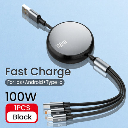 3 in 1 Retractable USB C 6A 100W USB Fast Charger for iPhone 13 14 12 11 Pro X Max Type C/Micro Fast Charger for Huawei Samsung