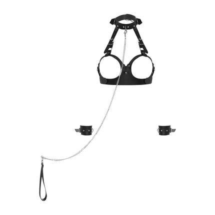 Womens Hollow Out Cup Halter Body Chest Harness with Bracelets and Metal Chain Leash Set Adult Couple Room Games Accessories