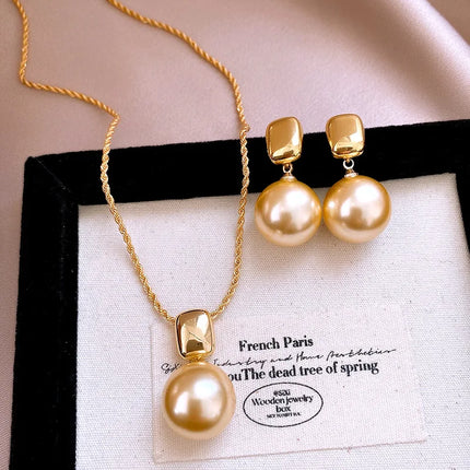 DREJEW Yellow Pendant Pearl Necklace Earring Set for Women Light Luxury High-end French Retro Wedding Jewelry Sets Party Gift