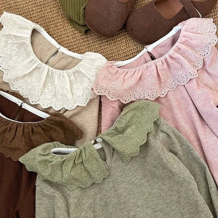 1-12 Years Long-Sleeved Shirts Children's Spring Knitted Tops Baby's Lace 2025 Lace Base Shirt Korean Girls Ruffle Collar T-shirt