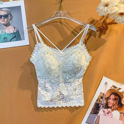 Women's Clothing Heavy Beaded Floral Tank Sexy Crop Tops Ropa Mujer Lace Butterfly Top Navel-Baring Sexy Cropped Top Summer Camis
