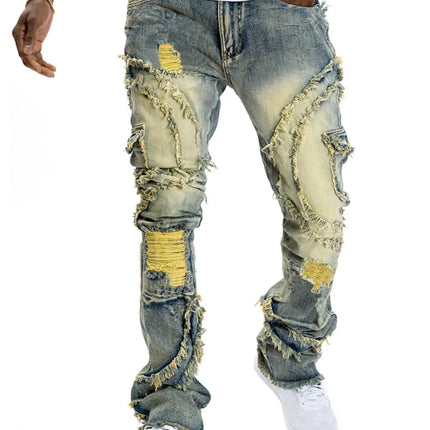 2025 New European and American men's casual jeans, street punk fashion, retro, ripped hole, slightly flared tassel elastic jeans