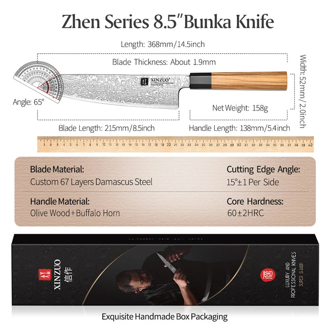 XINZUO 8.5" inch Bunka Knife High Carbon Damascsus Steel Kitchen Cooking Knife Professional Multipurpose Meat Vegetable Cleaver