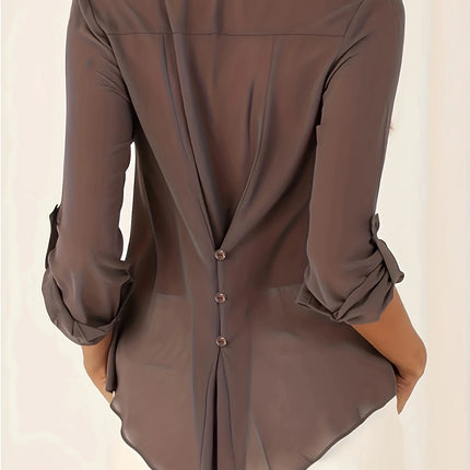 Plus Size Women’s Fashion Long Sleeved V-neck with Irregular Buttons on The Back Shirt  Women All Season Casual Shirt