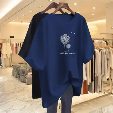 Women Clothing O-neck Short Sleeve 100 Cotton Basic T-shirts Summer Fashion Elegant Dandelion Printing Top Tee Loose Pullovers
