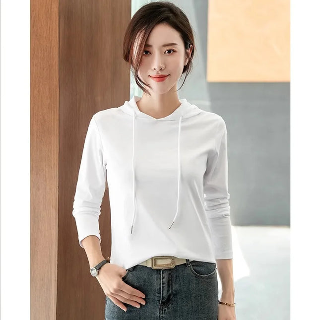 Silky cotton hooded sweatshirt T-shirt for women in spring 2025 new pure cotton versatile light luxury thin fashion base shirt