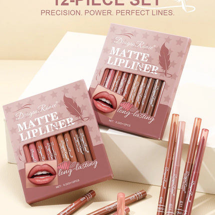 12-Piece Lip Liner Set for Outlining Lip Shapes, Beginner-Friendly, Natural and Delicate, Waterproof Matte Nude Lip Liner Set