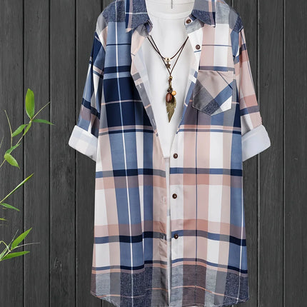 Plus Size Women's Shirt 2025 Korean Style of Casual Fashion Single-breasted Sunscreen Blouse Lapel Square Plaid Top Long Sleeve