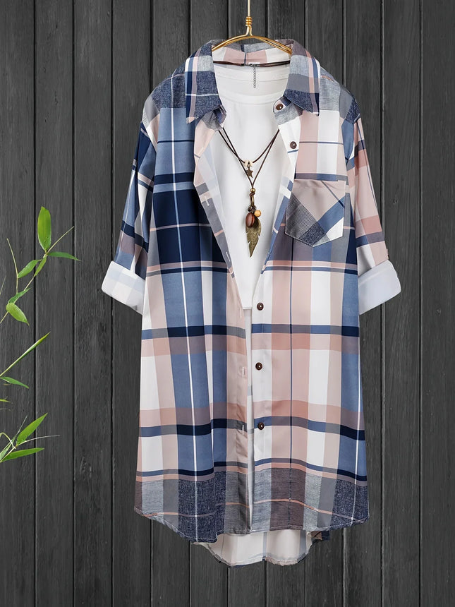 Plus Size Women's Shirt 2025 Korean Style of Casual Fashion Single-breasted Sunscreen Blouse Lapel Square Plaid Top Long Sleeve