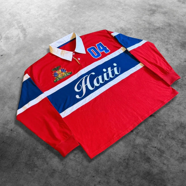 Y2K Retro Polo Long Sleeve Haiti Embroidery Striped Contrast Haitian Rugby Polos Sport Casual Streetwear Unisex Oversize Clothes