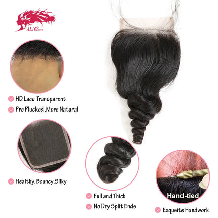 Ali Queen Hair Loose Wave 4x4 5x5 Lace Closure Human Hair HD Lace Frontal Original Raw Hair Free Part Pre plucked