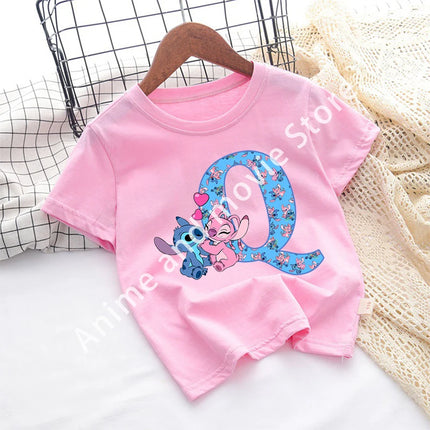 Stitch Disney T Shirt for Girls Children Clothes Tops Children's Clothing Letter A-Z Cotton Short Sleeve Summer Child Cute Gifts