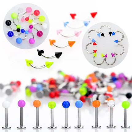 45/90pcs Mix Stainless Steel Nose Ear Belly Lip Tongue Ring Captive Bead Eyebrow Bar Piercings Body Jewelry Lot Bulk