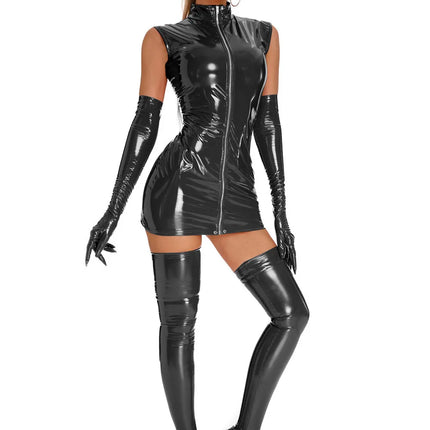 PU Leather Dress With Glove Stockings Punk Gothic Sexy Bodycon Mini Lingerie Dress Latex Catsuit Women Club Party Outfits