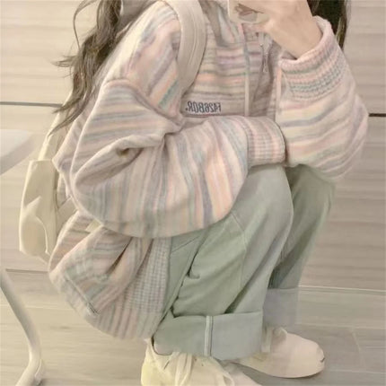 Beautiful And Unique Stripes Zipper Hooded Coat Spring And Autumn Dressing Up Collection Casual Fashion Trends Versatile