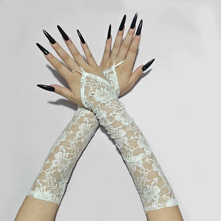 48cm Black White Women Sexy Hollow Lace Flowers Hook Finger Long Gloves Mesh Transparent Halloween Cosplay Stage Performance