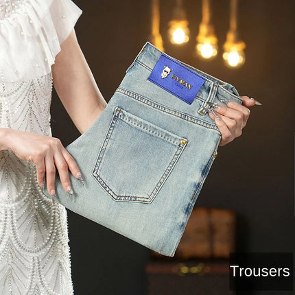 Summer thin 2025 new jeans men's slim fit small foot trendy brand fashionable light luxury elastic denim casual long pants