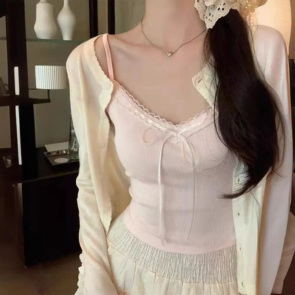 Pure Desire Lace Trim ter Vest Women Summer Sweet Spicy Girl  Knot Slim Fit  Strapba Top Beautiful Bal...