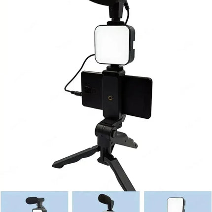 Tripod Phone Holder Smartphone Vlogging Kit With Mini Microphone LED Fill Light Starter For TikTok Live Stream Video YouTube